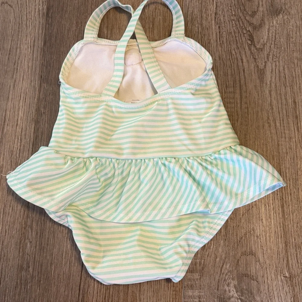 Gymboree Mint & White Striped One-Piece Swimsuit with Coral Flower